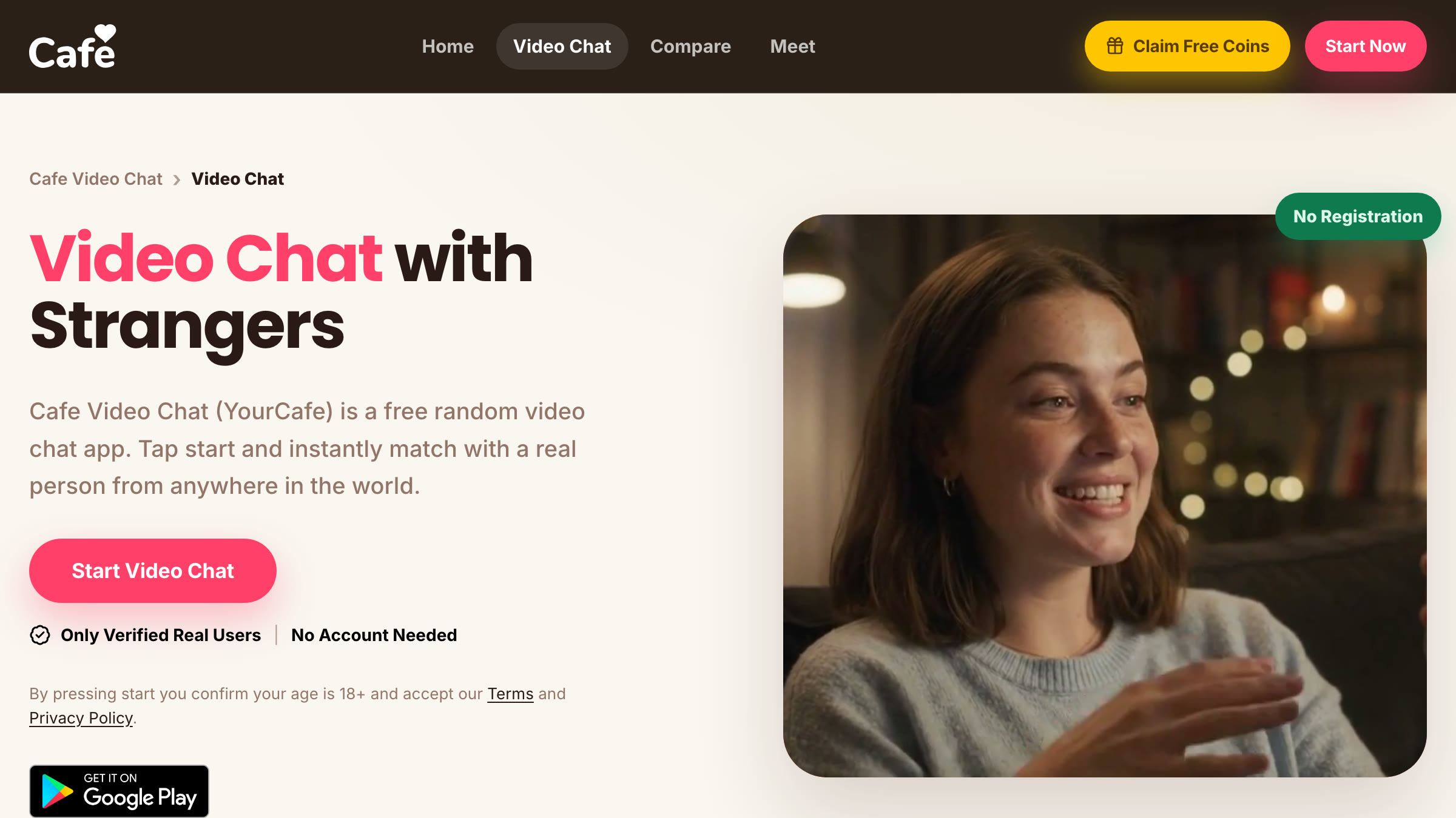 Screenshot of the Cafe Video Chat page at yourcafe.app/s