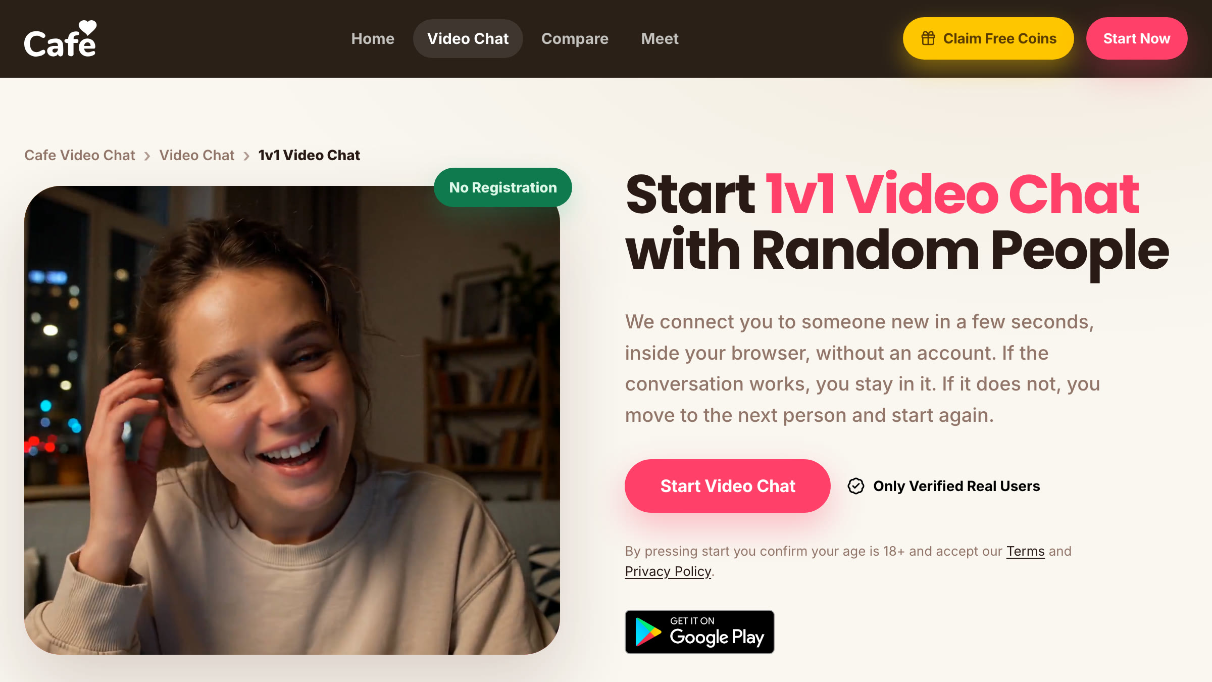 Screenshot of the Cafe 1v1 video chat page