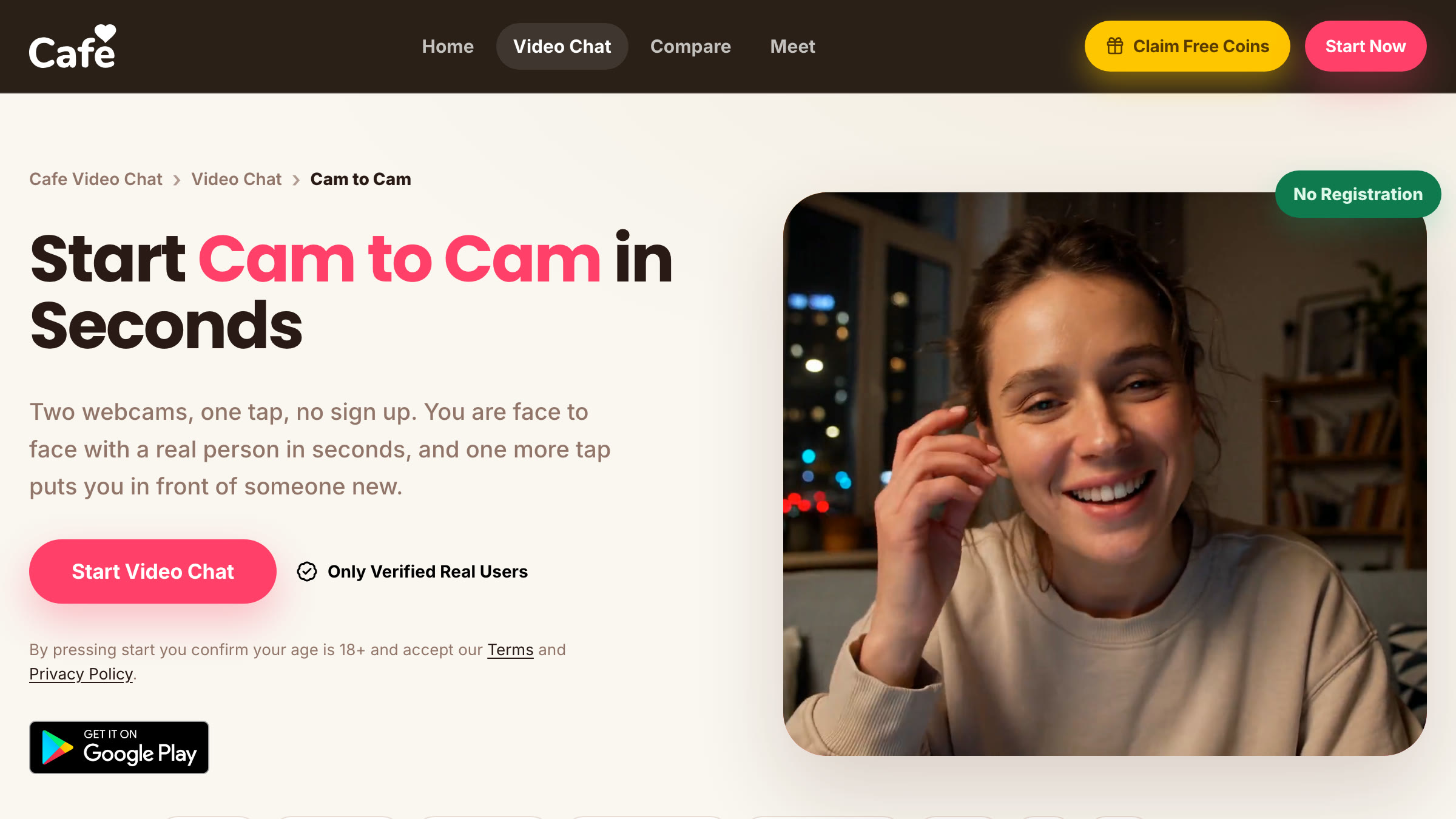 Screenshot of the Cafe Cam to cam page