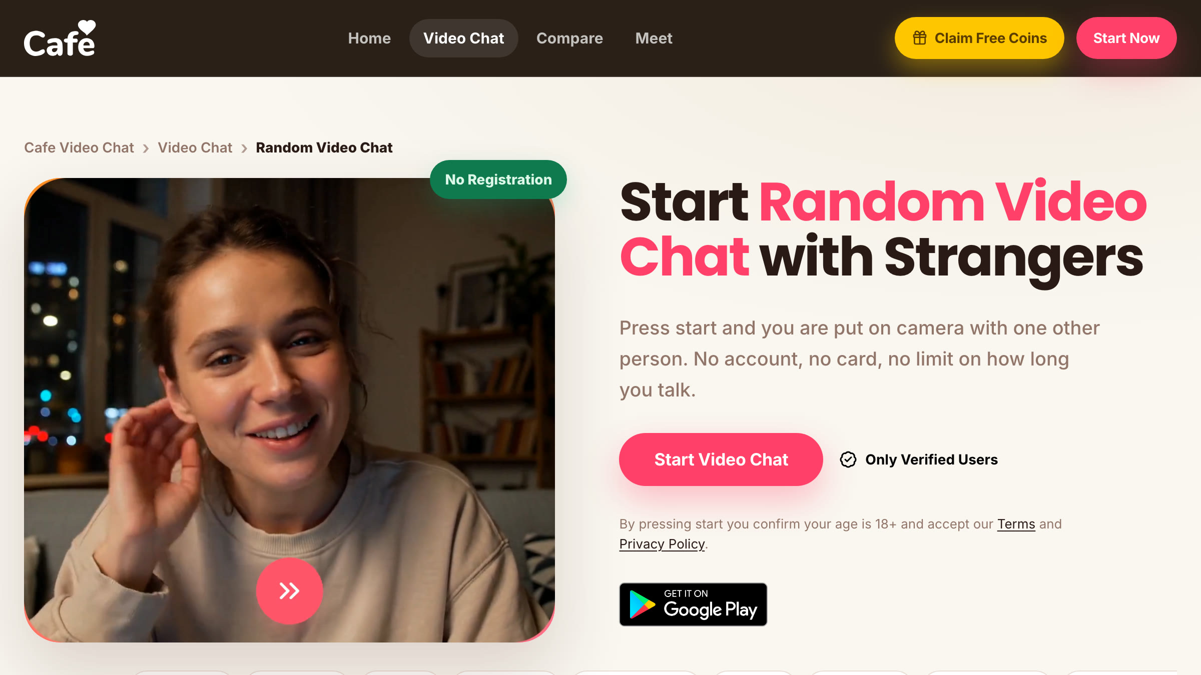 Screenshot of the Cafe Random video chat page