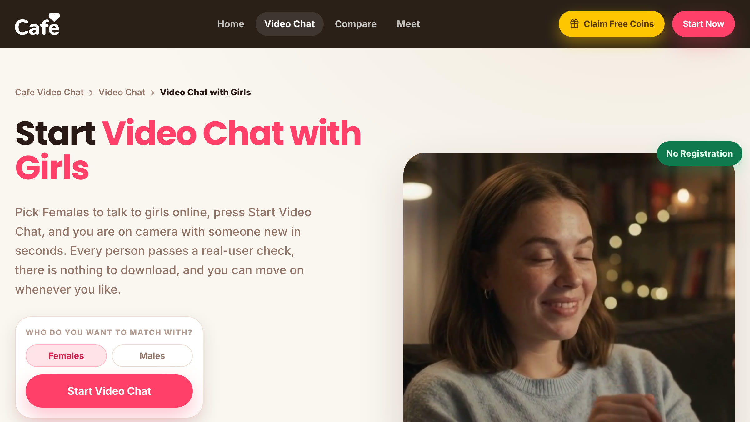Screenshot of the Cafe Video chat with girls page